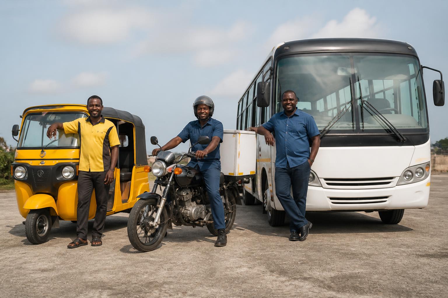 A keke, motorcycle and bus.