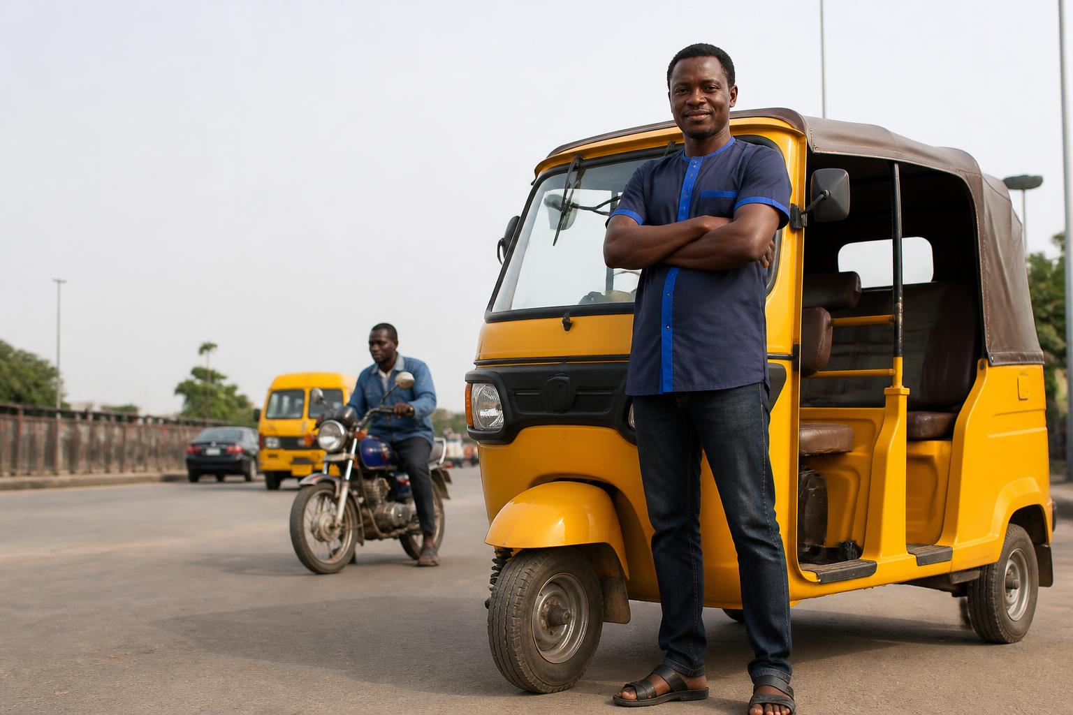 A Nigerian keke driver beside the productive vehicle that powers his income.