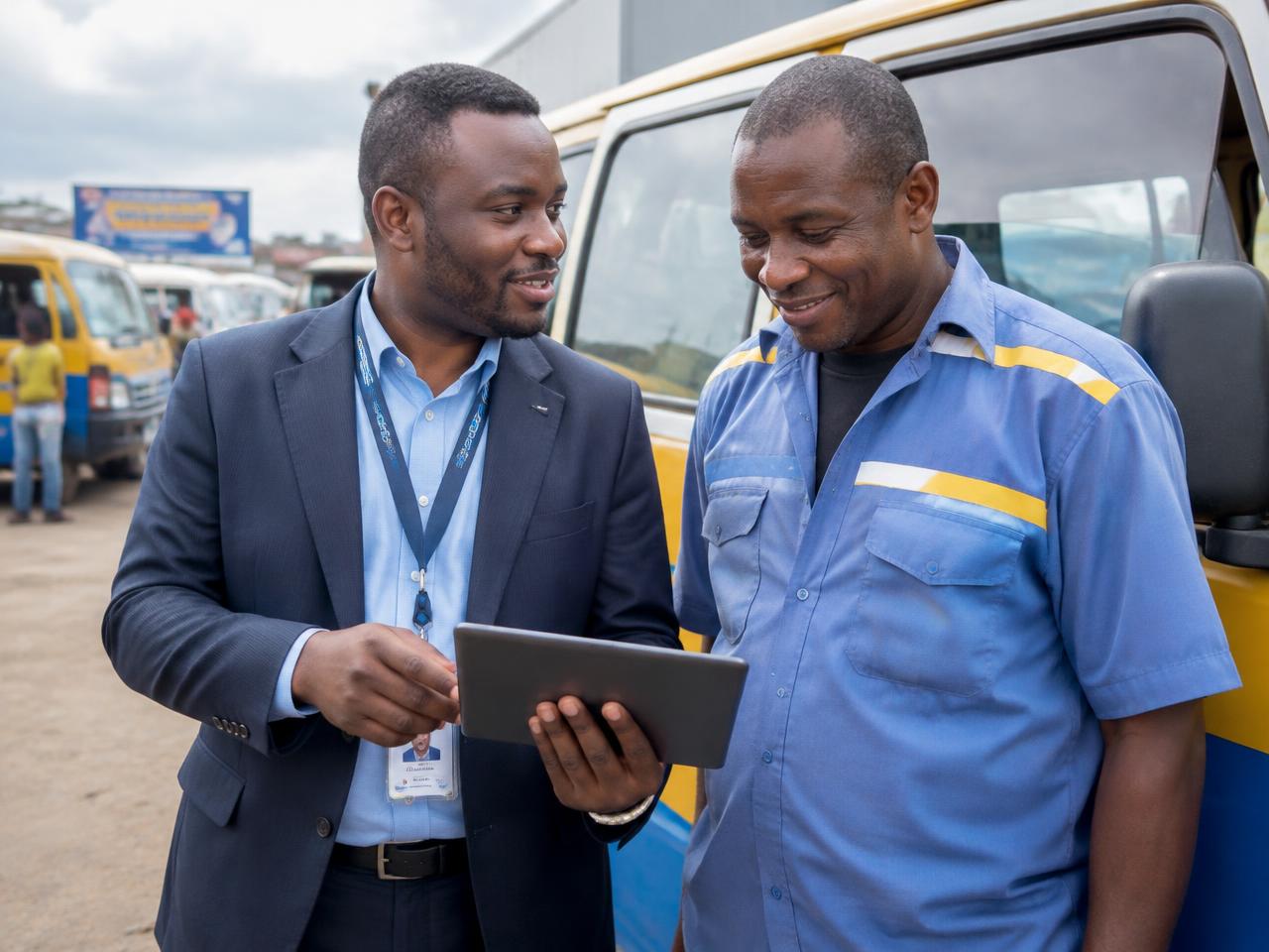 A Zane officer with a bus driver.